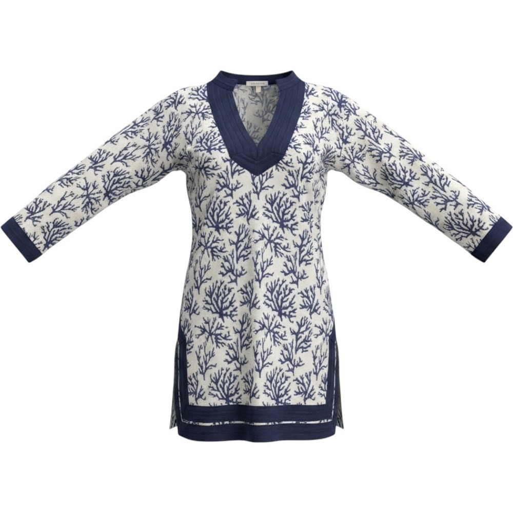 Persifor Navy White Coral Print Tunic Top V-Neck Long Sleeve XS Coastal Summer